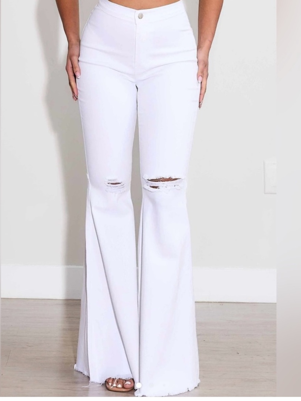 White High-Rise Flared Jeans with Knee Distress